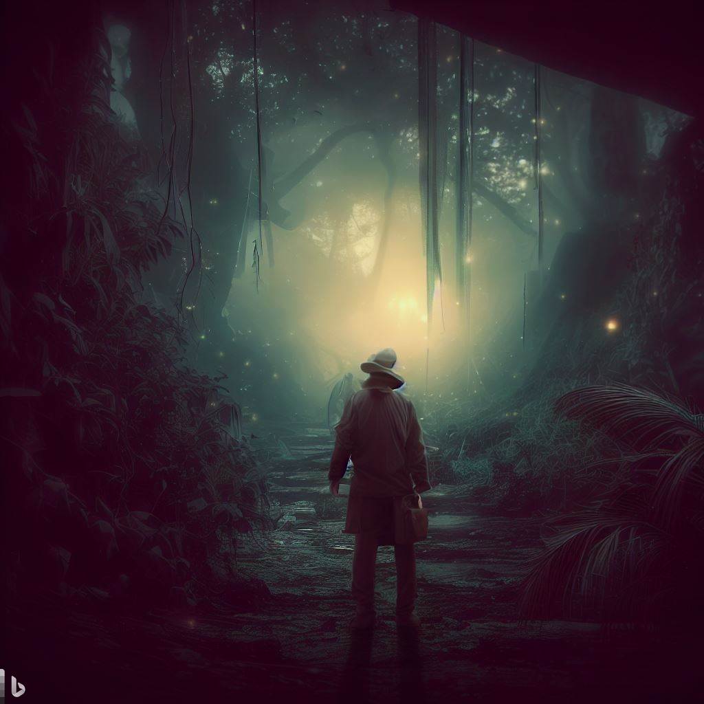 El arqueólogo solo en la selva, con un brillo mágico en la distancia que no puede alcanzar. Estilo Frustrante y místico, con tonos oscuros y un brillo suave en el fondo.